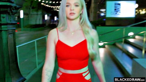 Blonde white woman in sexy red cutout dress, teasing outdoors - BlackedRaw BBC cuckold preview