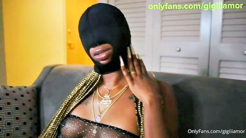 Gigi Glamor ebony MILF in sheer lingerie and mask teasing on OnlyFans