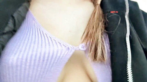 Luna Lou in open purple top showing big tits cleavage