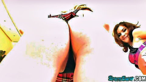 Brunette in pink lingerie and plaid skirt exposes ass after oral cum swap