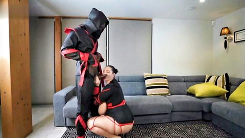 BustyKlara in sexy ninja lingerie kneels for oral on masked man, hot OnlyFans clip