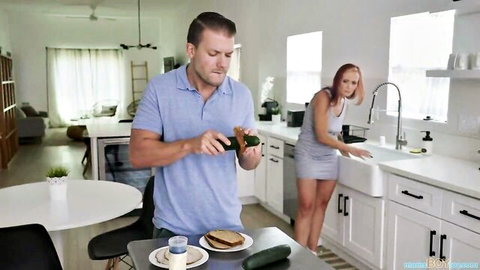 Chloe Amour as stepmom bending over in tight dress in kitchen