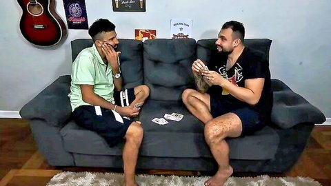 Muscular friends playing cards before hot BBC threesome