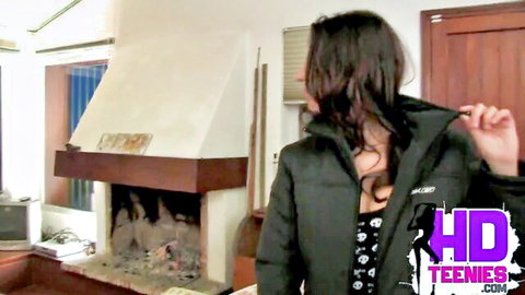 Hot brunette teen maid in black jacket teases indoors, stripping preview