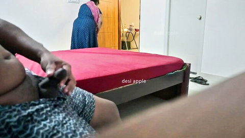 Indian maid in blue saree with chubby man on bed, desi amateur scene