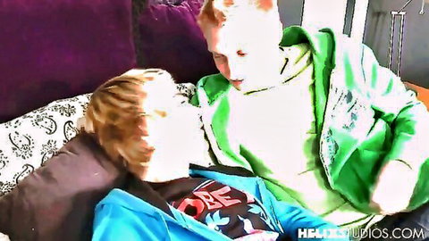 Kyle Ross & Max Carter gay twinks in hoodies, intimate close-up kiss