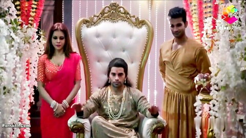 Curvy Indian babe in red saree with man on throne in Hindi anal short film