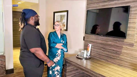Crystal Clark in floral silk robe with black maintenance man, interracial tease
