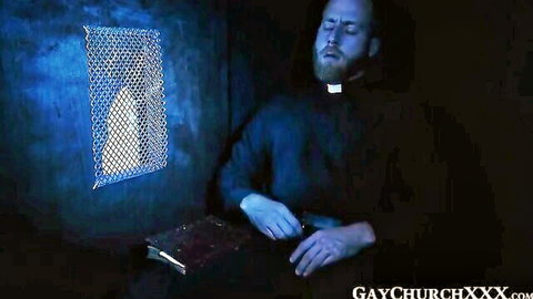 Gay priest in confessional tempted by sinister desires, rimming and blowjob fantasy