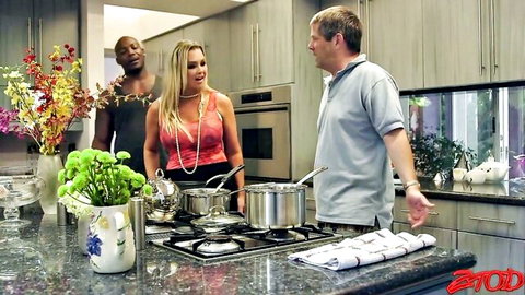 Blonde curvy MILF with huge tits flirts with shirtless black bull while cuckold husband watches in kitchen