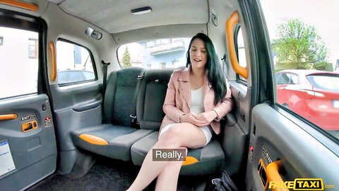 Skinny brunette housewife in pink jacket hikes skirt in Fake Taxi cab exposing white panties