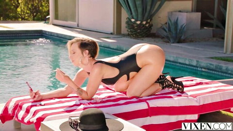 Jada Stevens in revealing black swimsuit, posing with massive ass by pool