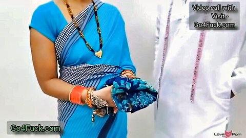 Desi Indian Bhabhi in blue sari teases with man, village couple foreplay