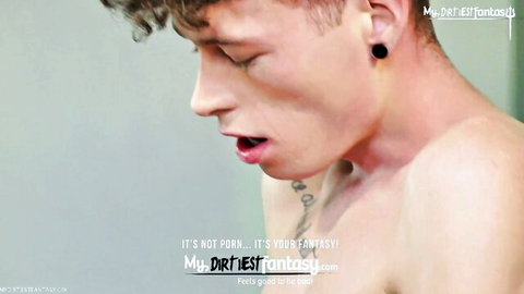 Young twink with curly hair in ecstasy, mouth open during intense threesome pleasure