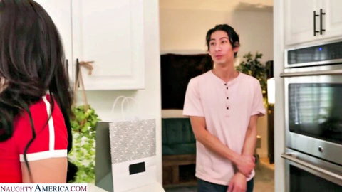 Mandy Muse in red top teases guy in casual kitchen meetup
