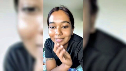 Smiling Indian GF in black top teases with naughty role-play vibe