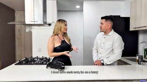 Kourtney Love in black dress teasing man in kitchen hurry seduction