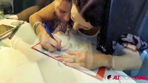 Mara Martinez signing with big tits and tattooed body in white top, POV adult teaser