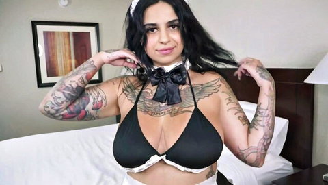 Azzy Star tattooed Latina hottie in sexy maid bikini top posing seductively