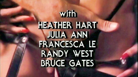 Retro porn thumbnail with Heather Hart, Julia Ann, Francesca Le, Randy West, Bruce Gates in leather straps
