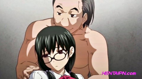 Anime Japanese schoolgirl in uniform embraced by muscular older man in hentai tease