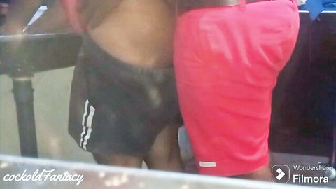 Step-wife's big ass in red shorts shared with step-bro in threesome HD