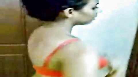 Indian hottie in red bra flaunting perky natural boobs side view
