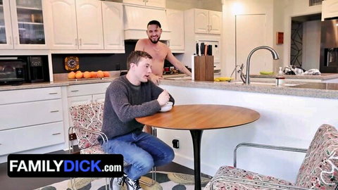 Derek Allen seated as Champ teases shirtless in kitchen, gay tease scene
