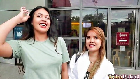 Luna Valencia and Julie Ang smiling outside bank in Tricycle Patrol tease