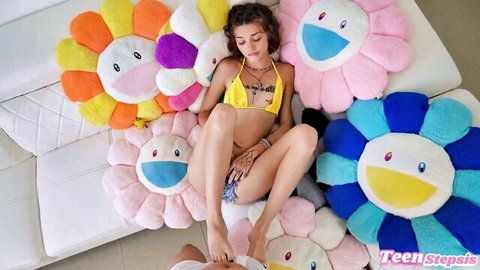 Shrooms Q exposes natural hairy pussy in yellow bikini tease
