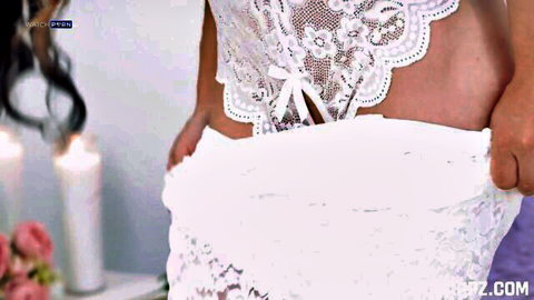 Skinny brunette teen in sheer white lace teddy pulls crotch exposing shaved pussy