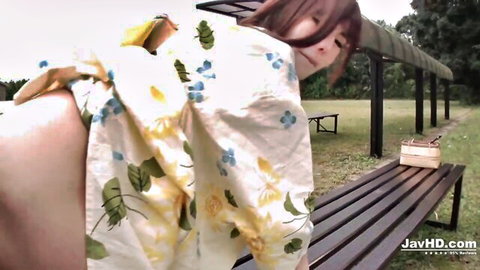 Yua Ariga bends over exposing ass outdoors in floral dress, JAV scene