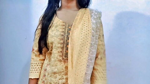 Sexy Indian stepmom in yellow embroidered salwar kameez, cheating tease