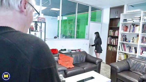 Nadja Lapiedra teases in short skirt with older stepgrandpa in library