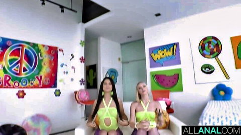 Eliza Ibarra and Marilyn Johnson in skimpy yellow bikinis posing for anal action
