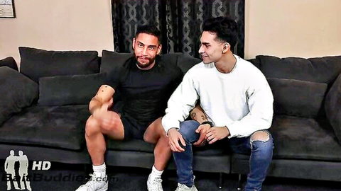 Muscular black and Asian buddies sitting close, ready for domination and huge cock action