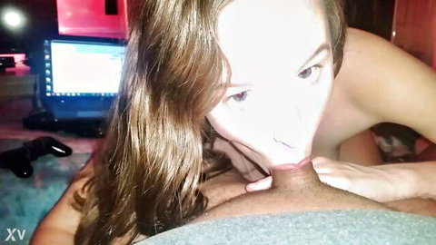 Young 18yo brunette giving intense blowjob to guy before hardcore pounding