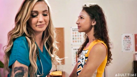 Kendra Sunderland as busty nurse and Liz Jordan as cheerleader in seductive threesome tease