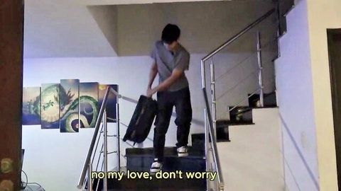 Young Asian stepson carrying suitcase upstairs, assuring Kathy Lee in stepmom fantasy