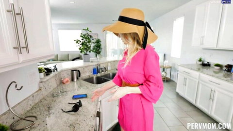 Gigi Dior in sexy pink dress and hat, teasing in kitchen POV