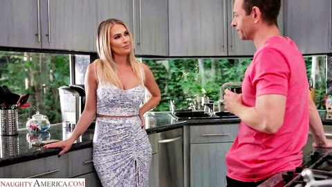 Blonde Andi Avalon in sexy white skirt top flirting with guy in kitchen