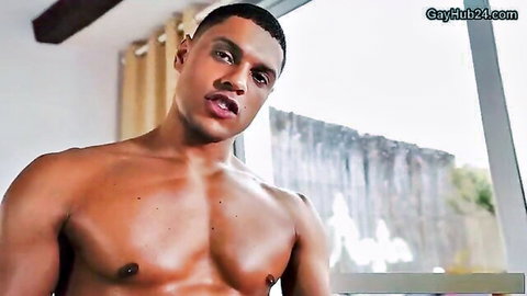 Caio Veyron shirtless muscular black hunk in intense gaze, gay bareback preview
