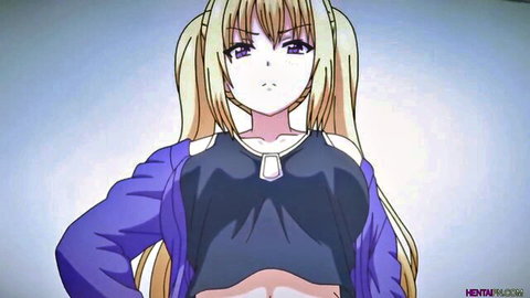 Blonde twintail hentai girl teasing huge underboob in tight black top and open blue jacket