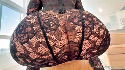 POV closeup of curvy Latina's massive bubble butt in sheer black rose lace lingerie