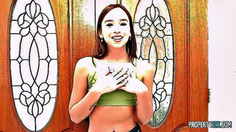 Petite brunette teen cups her small perky tits in tight green bralette smiling seductively