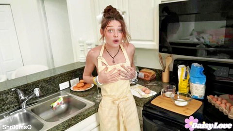 Shrooms Q in sexy apron baking for bake sale with stepbrother fun