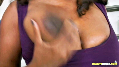 Brannon Rhodes exposes natural big tits in purple top, rough handling
