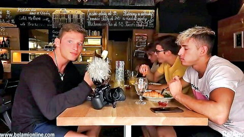 Blake Mitchell and friends casually dining at table in casual clothes