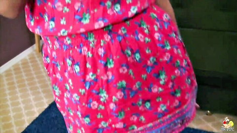 Natalie Monroe in pink floral dress bending over in teasing POV view