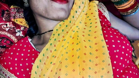 Desi Bhabhi Xshika in yellow dupatta and red blouse, seductive smile for taboo threesome tease